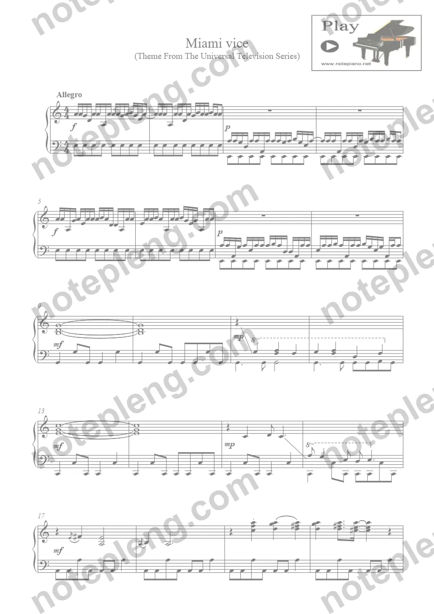 ตัวอย่างโน้ต Miami vice - piano (มีลายน้ำ)