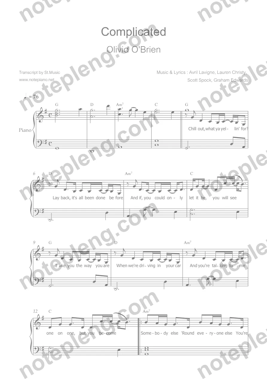 ตัวอย่างโน้ต Complicated - Avril Lavigne piano (มีลายน้ำ)