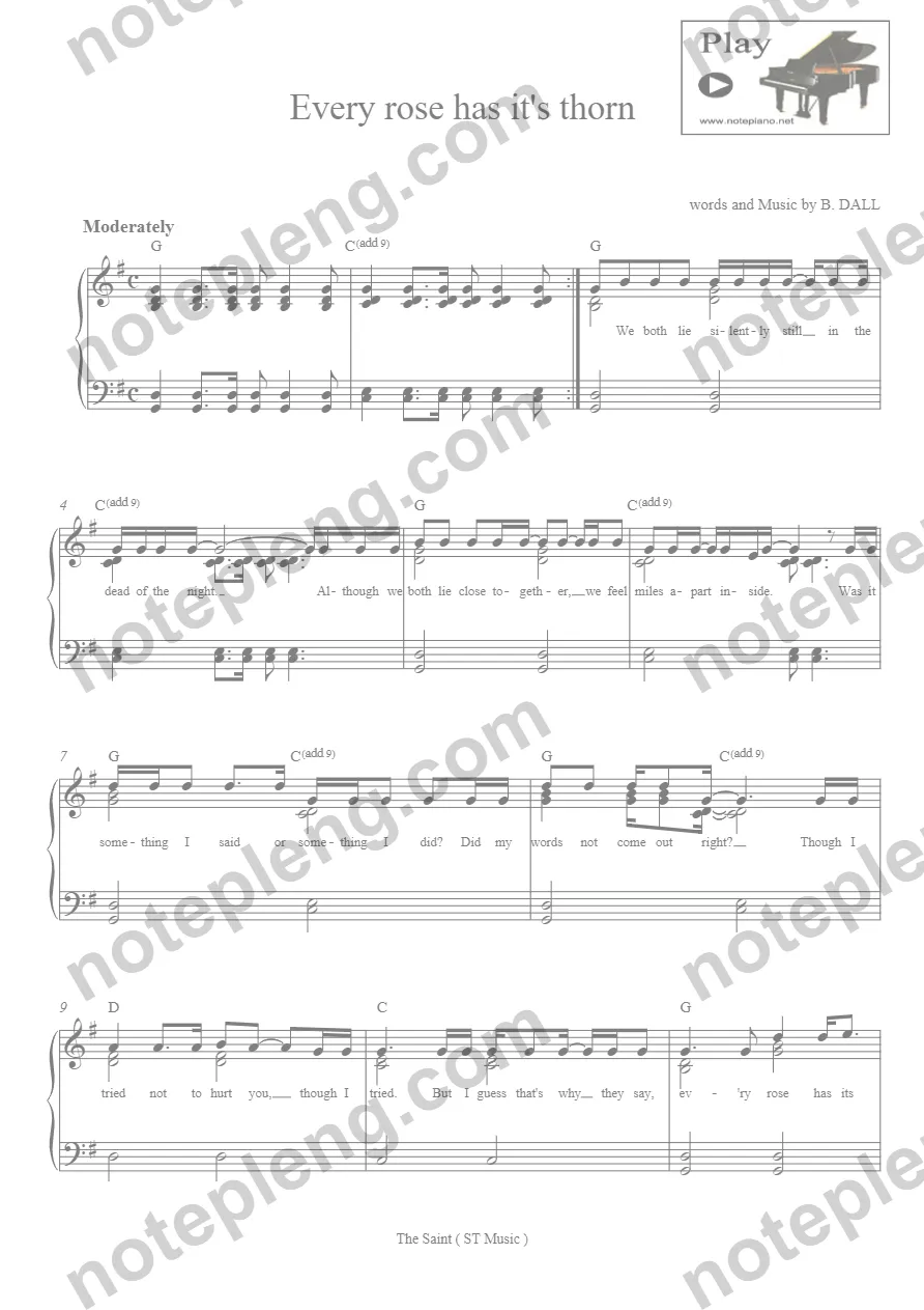 ตัวอย่างโน้ต Every rose has it's thorn Ex - piano (มีลายน้ำ)