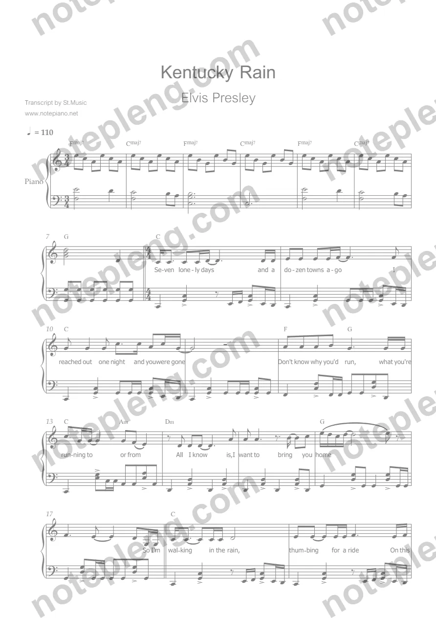 ตัวอย่างโน้ต Kentucky Rain - Elvis Presley piano (มีลายน้ำ)