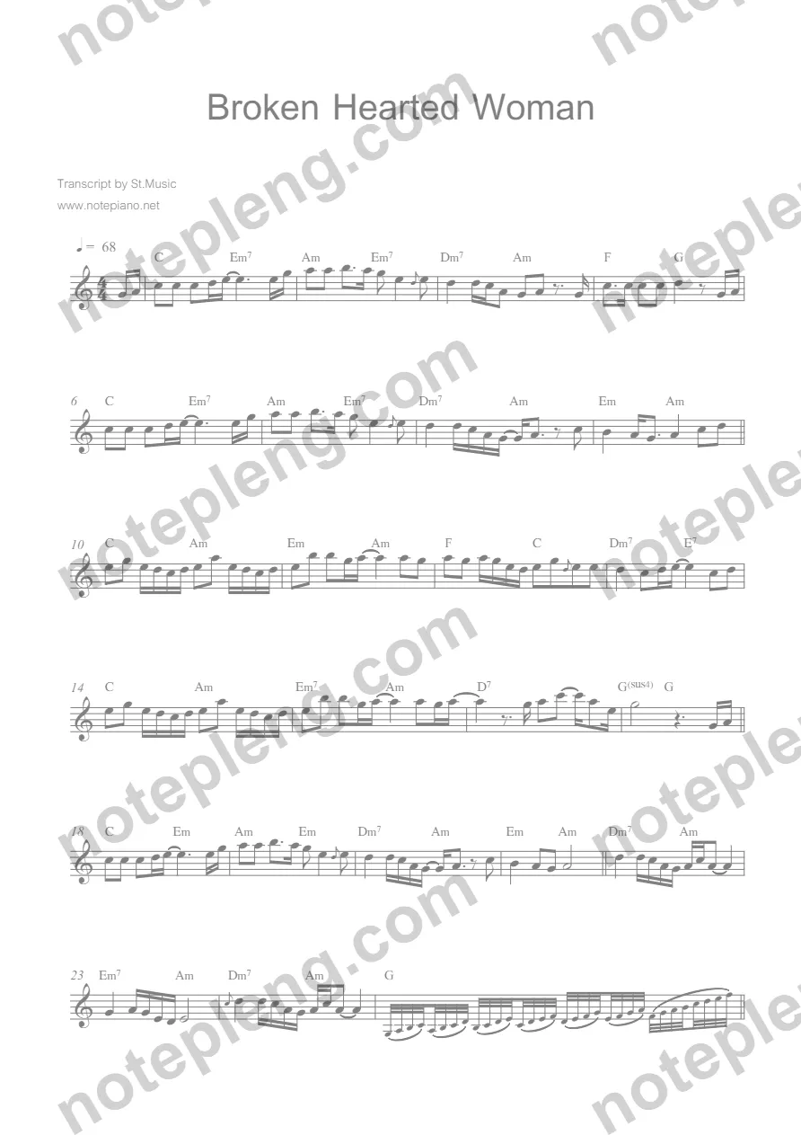 ตัวอย่างโน้ต Broken Hearted Woman - Faye Wong (มีลายน้ำ)