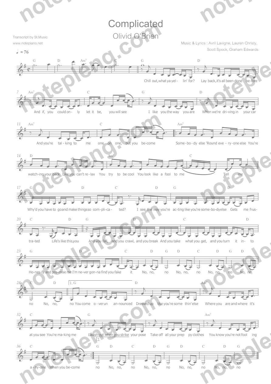 ตัวอย่างโน้ต Complicated - Avril Lavigne (มีลายน้ำ)