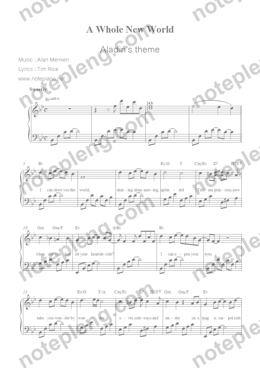 ตัวอย่างโน้ต A Whole new world - Aladin - piano easy (มีลายน้ำ)