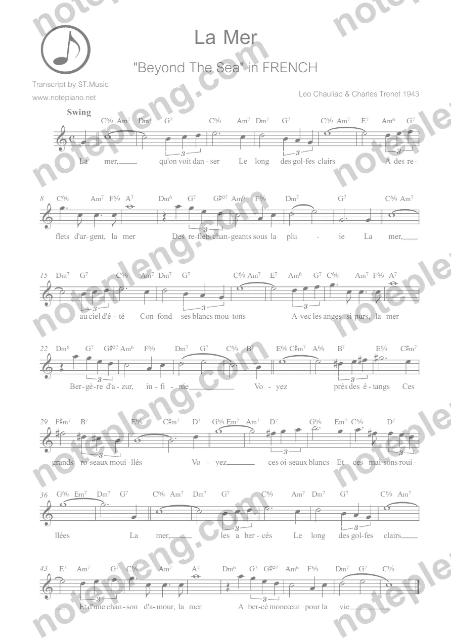 ตัวอย่างโน้ต La Mer - Beyond The Sea (มีลายน้ำ)
