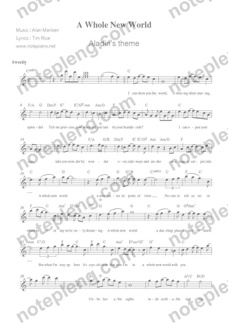 ตัวอย่างโน้ต A Whole new world - Aladin (มีลายน้ำ)