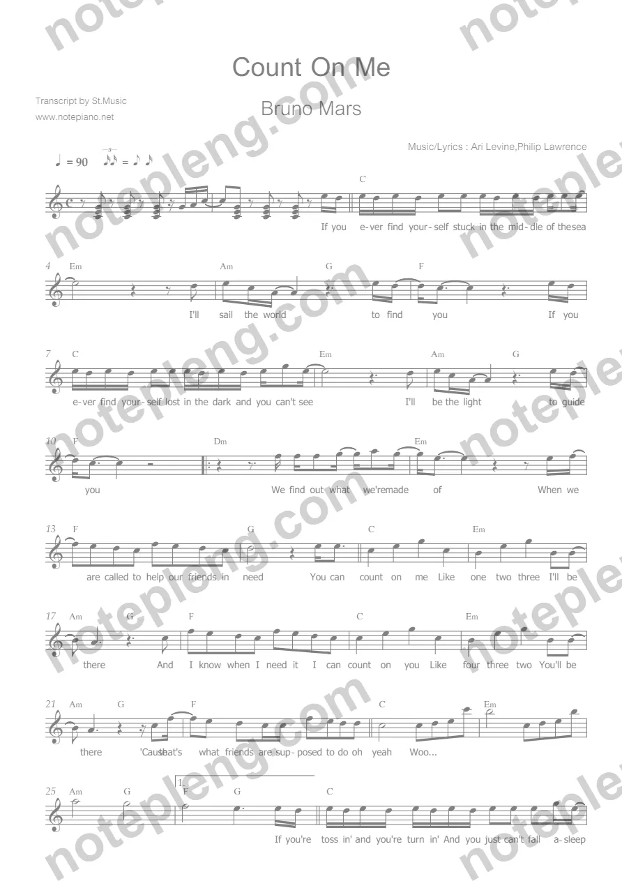 ตัวอย่างโน้ต Count On Me - Bruno Mars (มีลายน้ำ)